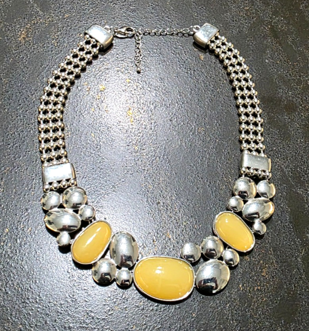 Lia Sophia Silver Tone Statement Necklace Yellow Cabochon Y2K Glam Runway Style